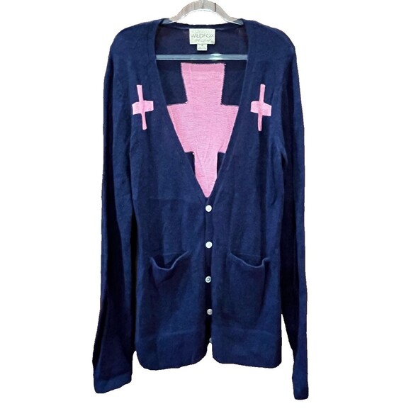 Wildfox Sweater White Label Cross Love Saves Cardigan Women's Size M Navy Pink - Picture 3 of 9